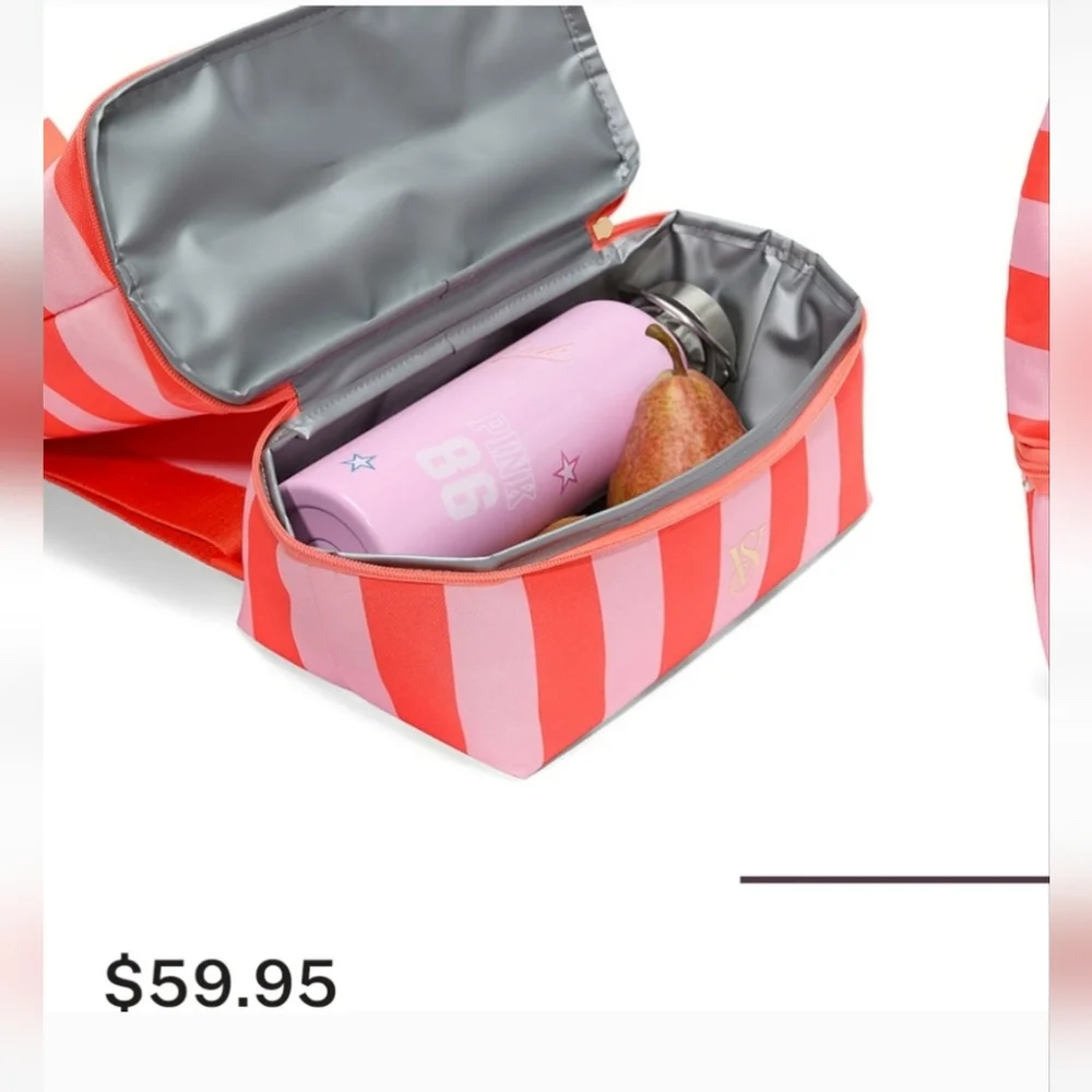 Victoria's Secret Pink and Coral Striped Insulated Cooler Beach Travel Backpack - Picture 3 of 6